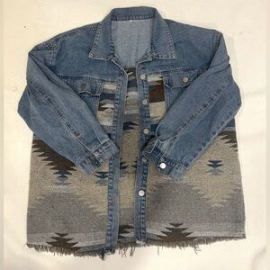 Aztec Southwestern Print Denim Shacket Raw Hem Oversized - Size L